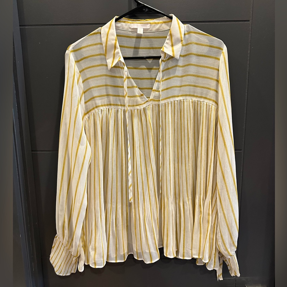 LC Lauren Conrad Yellow and White Striped Pleated Blouse